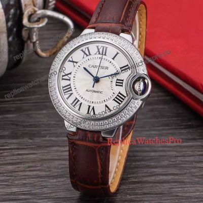 Faux Cartier Ballon Bleu 33mm Watch - Silver Dial With Diamond Bezel 